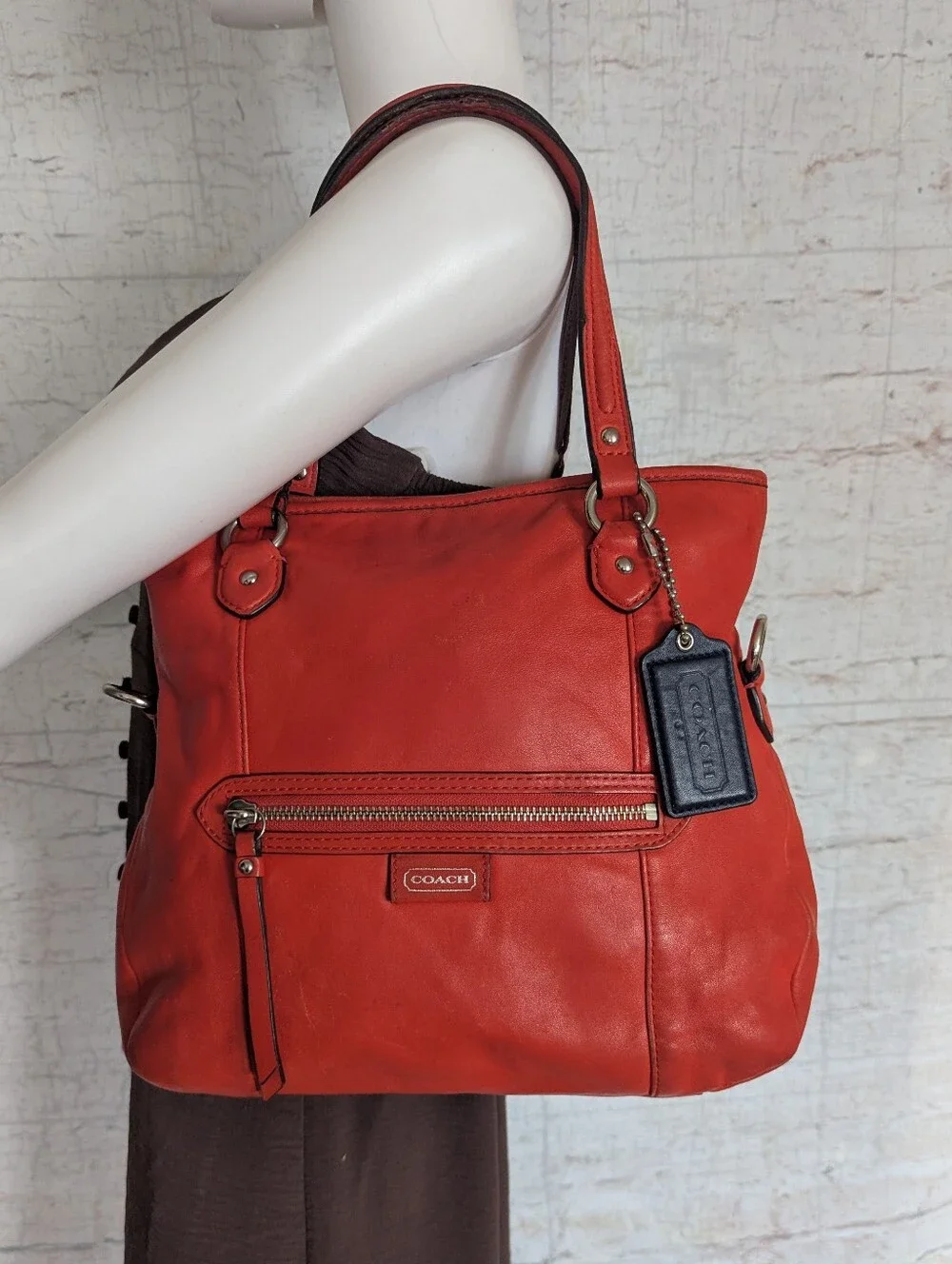 Coach Red Leather Tote Bag with Front Zip Pocket